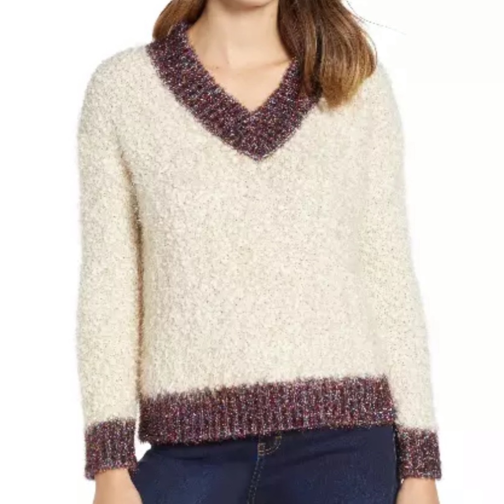 Prima Nordstrom Tinsel Trim Beige Pullover Sweater HOLIDAYS NEW YEARS PARTY